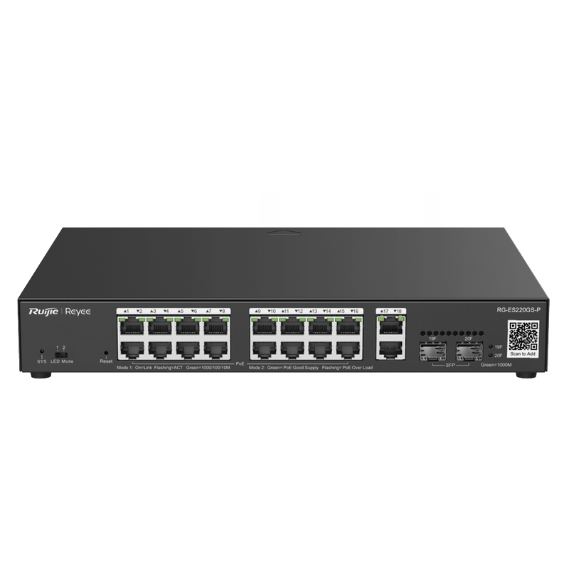 Switch L2 Administrable PoE con 16 puertos Gigabit PoE 802.3af/at + 2 SFP para fibra 1Gb RG-ES220GS-P - SILYMX
