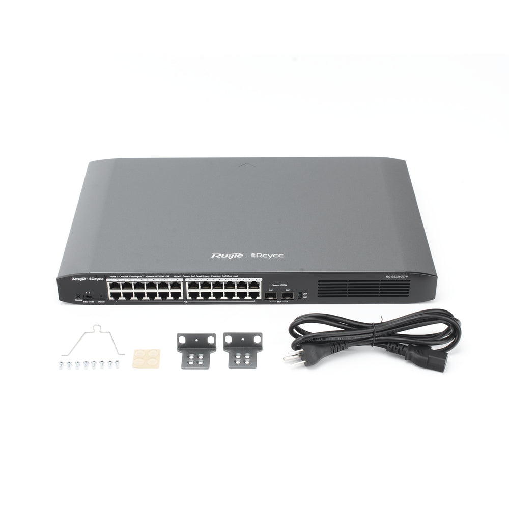 Switch RUIJIE Smart PoE con 24 puertos Gigabit PoE 802.3af/at + 2 SFP para fibra 1Gb gestión gratuita desde la nube 370w RG-ES226GC-P