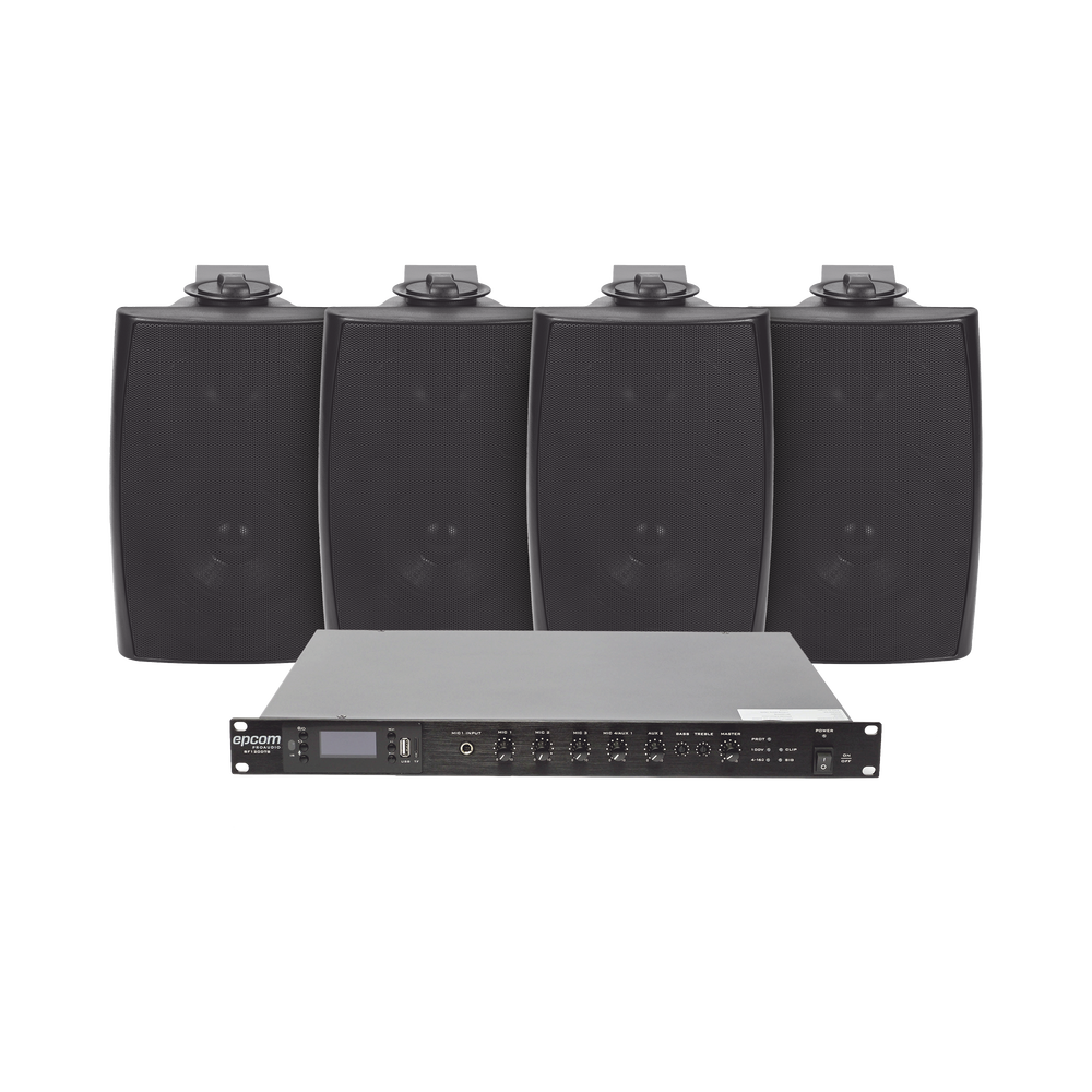 KIT de Audio EPCOM Amplificador 120W para Rack 4 Altavoces de Pared color Negro 2.5W - 20W Sistema 70/100V SF120DTB/4WS