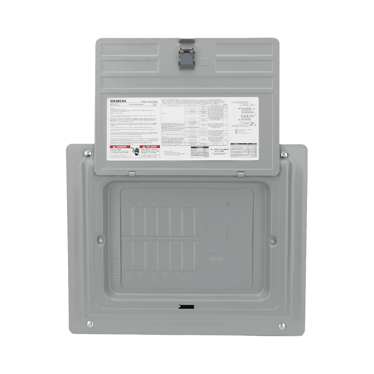 Centros de Carga e InterruptoresSIEMENSSN1224L1125Centro de carga monofásico 1 Fase 3 Hilos para interruptores QP de 12 polos - 24 circuitos 120/240vca Barras de aluminio 125 Amp Nema 1 uso interior. Incluye tapa. - SILYMX