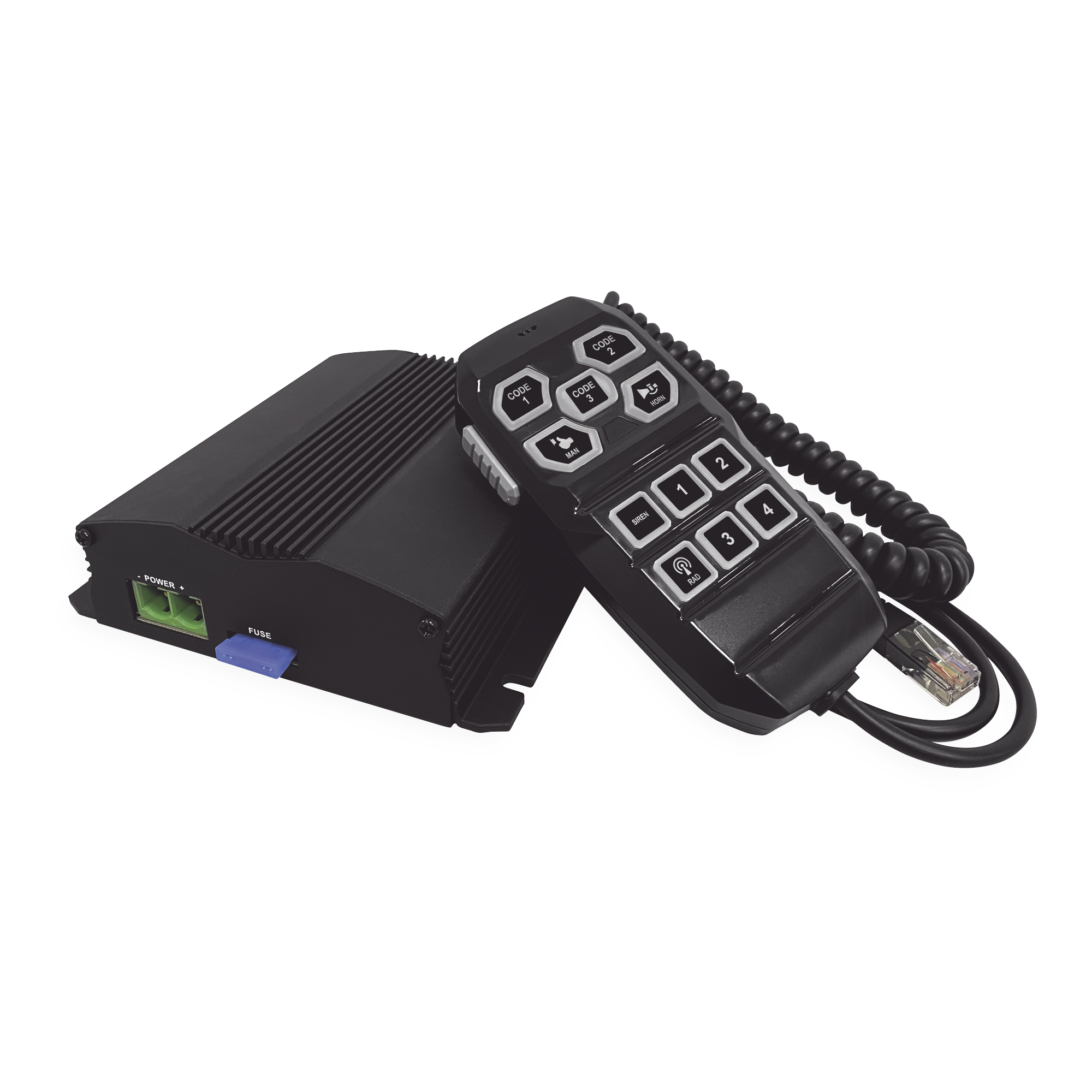 Sirena Vehicular de 100W de Potencia, Incluye Controlador Unimando Para Control de Tonos, 4 Salidas Auxiliares y Microfono
