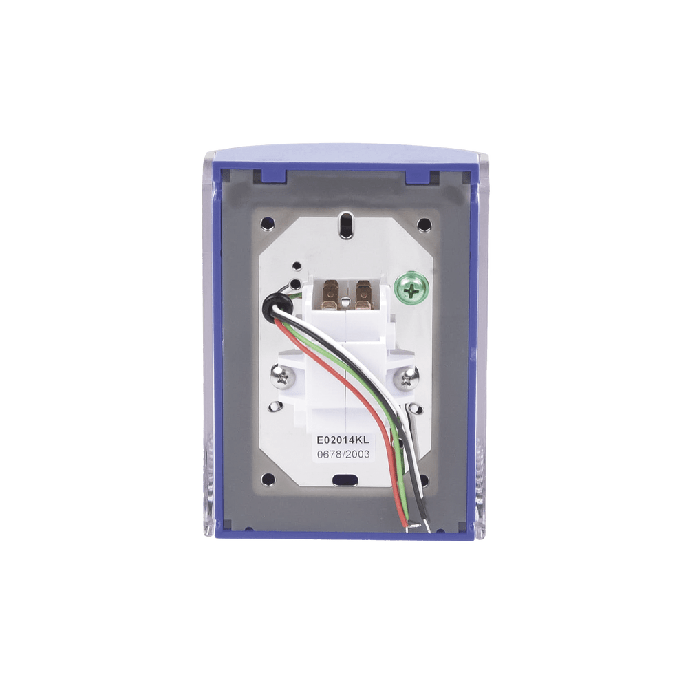 Botón Multipropósito Color Azul De Superficie Con Tapa De Policarbonato Con Bocina Para Interior Llave Para Restablecer Texto De Emergencia Español SS24A2EM-ES - SILYMX