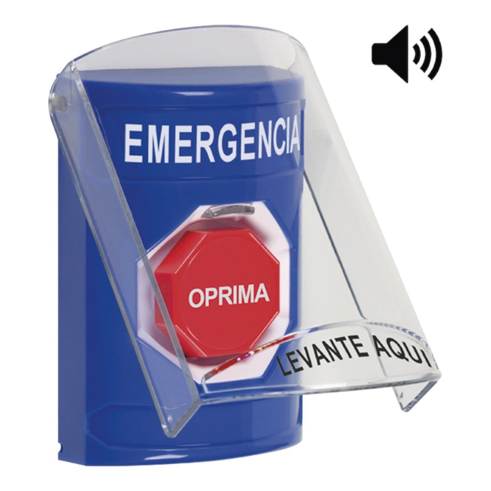 Botón Multipropósito Color Azul De Superficie Con Tapa De Policarbonato Con Bocina Para Interior Llave Para Restablecer Texto De Emergencia Español SS24A2EM-ES - SILYMX