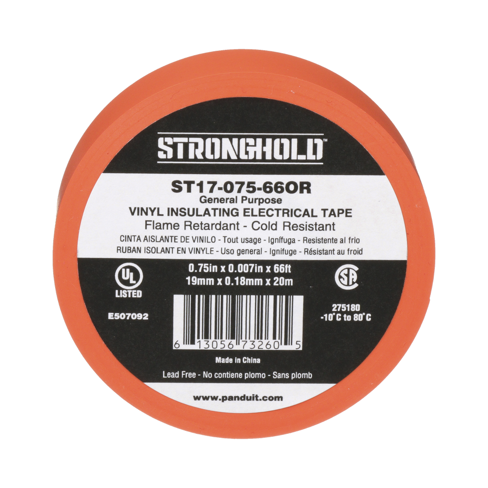 Cinta Eléctrica STRONGHOLD Aislar PVC Uso General Reparación y Mantenimiento Grosor de 0.18mm (7 mil) Ancho de 19mm y 20.12m de Largo Color Naranja ST17-075-66OR - SILYMX