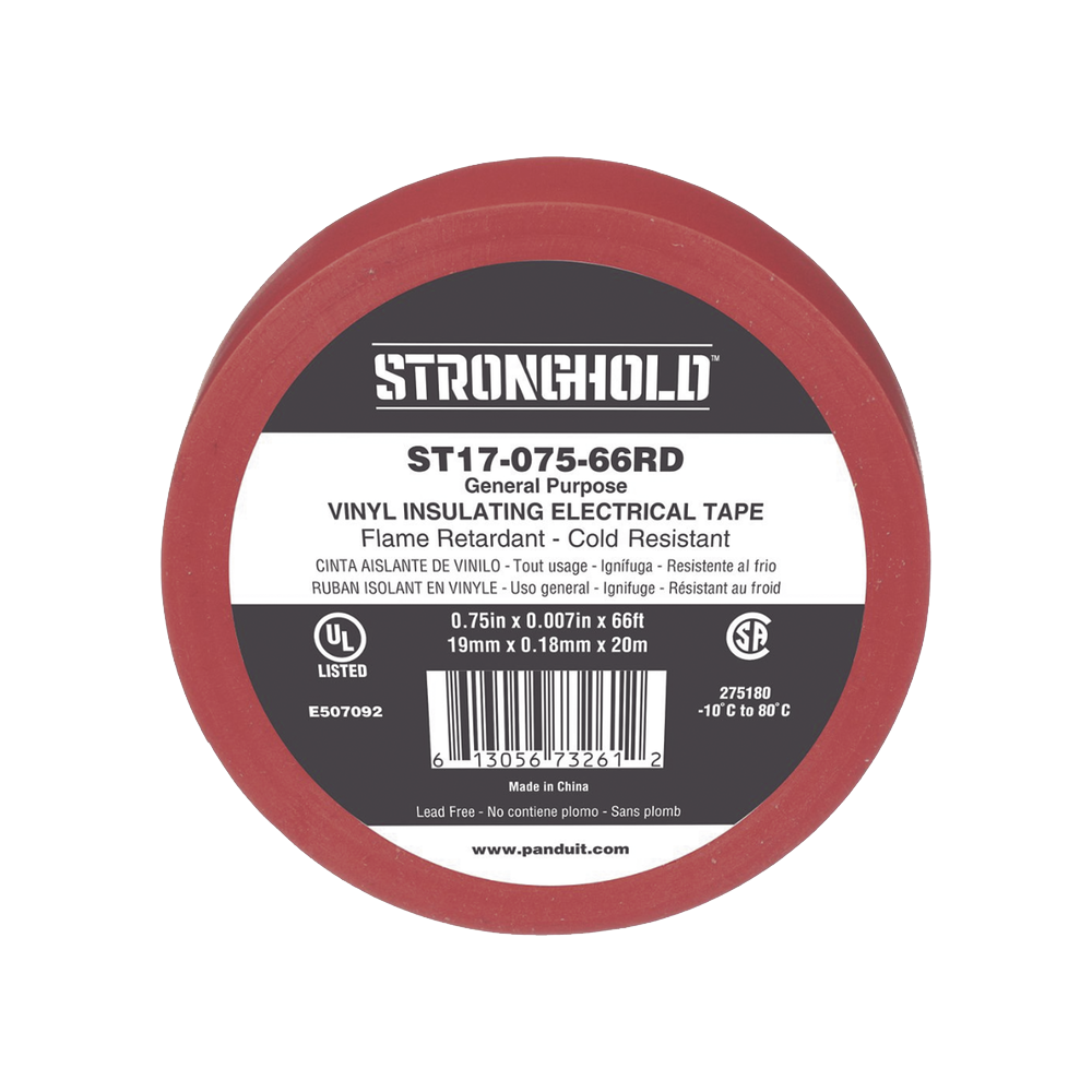 Cinta Eléctrica STRONGHOLD para Aislar de PVC Uso General Reparación y Mantenimiento Grosor de 0.18mm (7 mil) Ancho de 19mm y 20.12m de Largo Color Rojo ST17-075-66RD - SILYMX