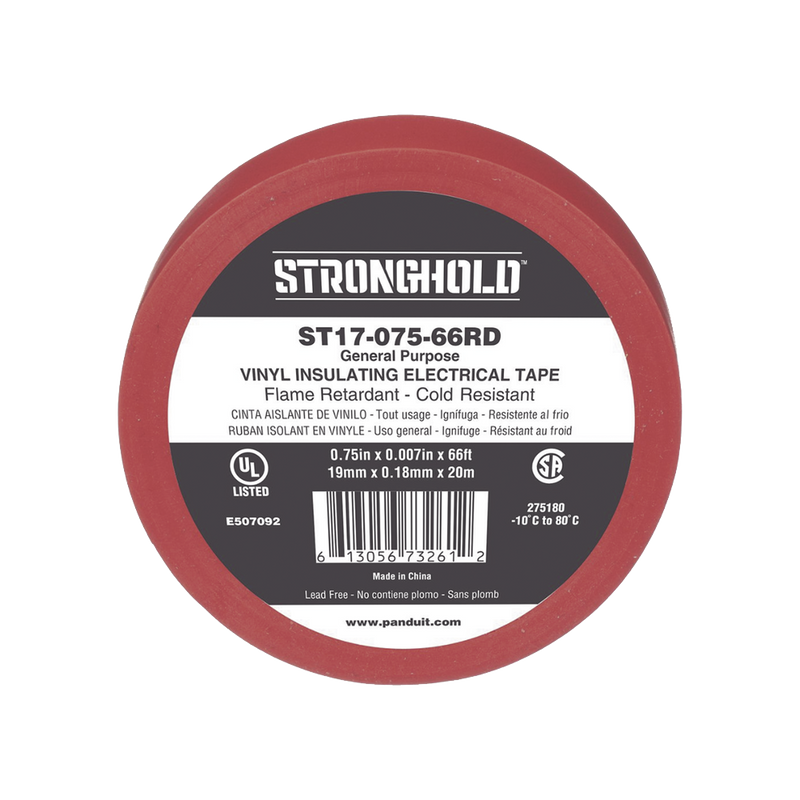 Cinta Eléctrica STRONGHOLD para Aislar de PVC Uso General Reparación y Mantenimiento Grosor de 0.18mm (7 mil) Ancho de 19mm y 20.12m de Largo Color Rojo ST17-075-66RD - SILYMX