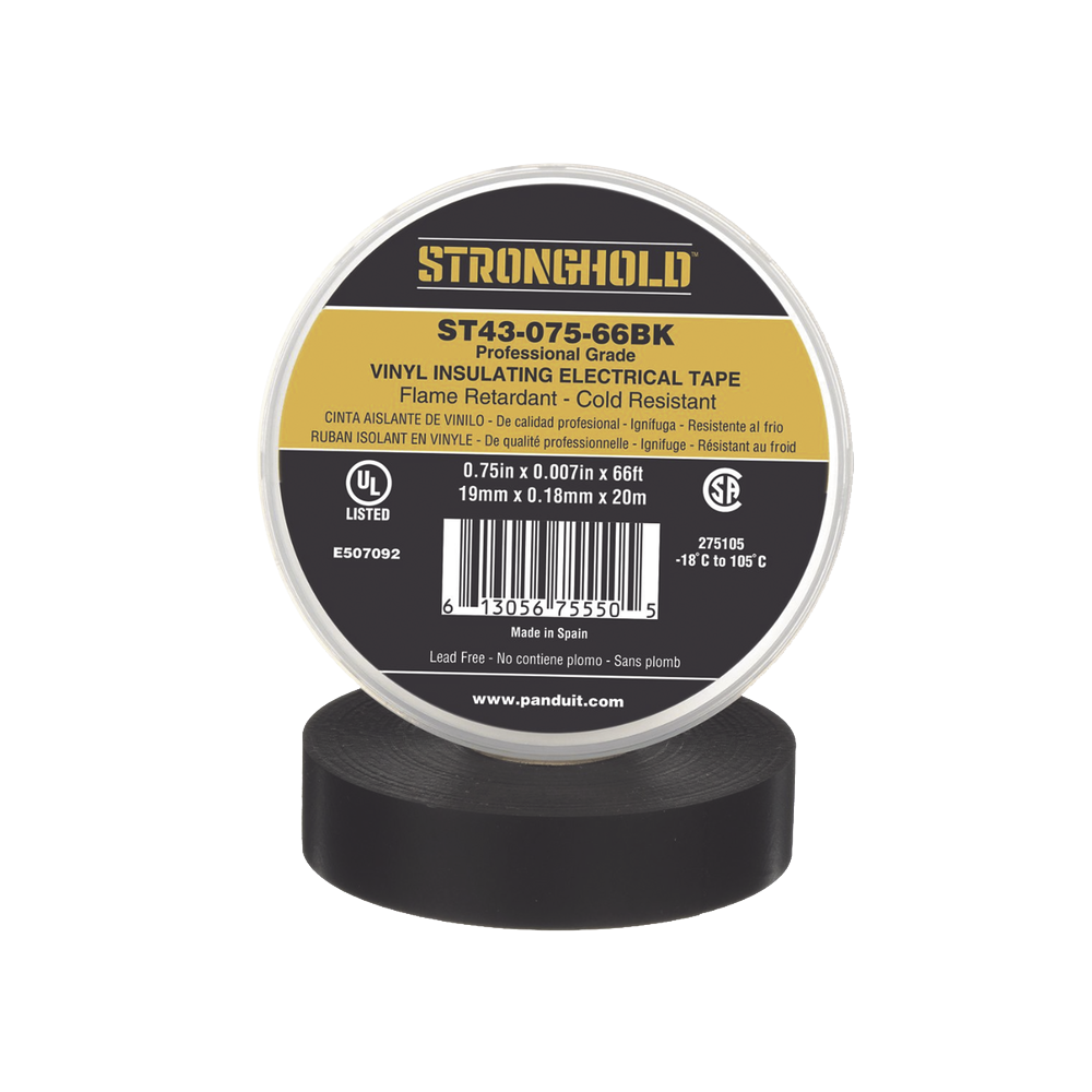 Cinta Eléctrica STRONGHOLD para Aislar de PVC Uso Profesional en Construcción Eléctrica Grosor 0.18mm 7 mil Ancho 19mm y 20m Largo Color Negro. ST43-075-66BK - SILYMX