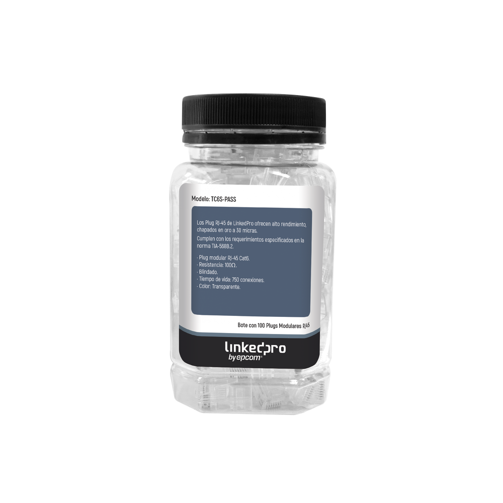 Bote con 100 Plugs Pass through RJ45 Cat6 BLINDADO chapado de oro a 30 micras para durabilidad extrema TC6S-PASS - SILYMX