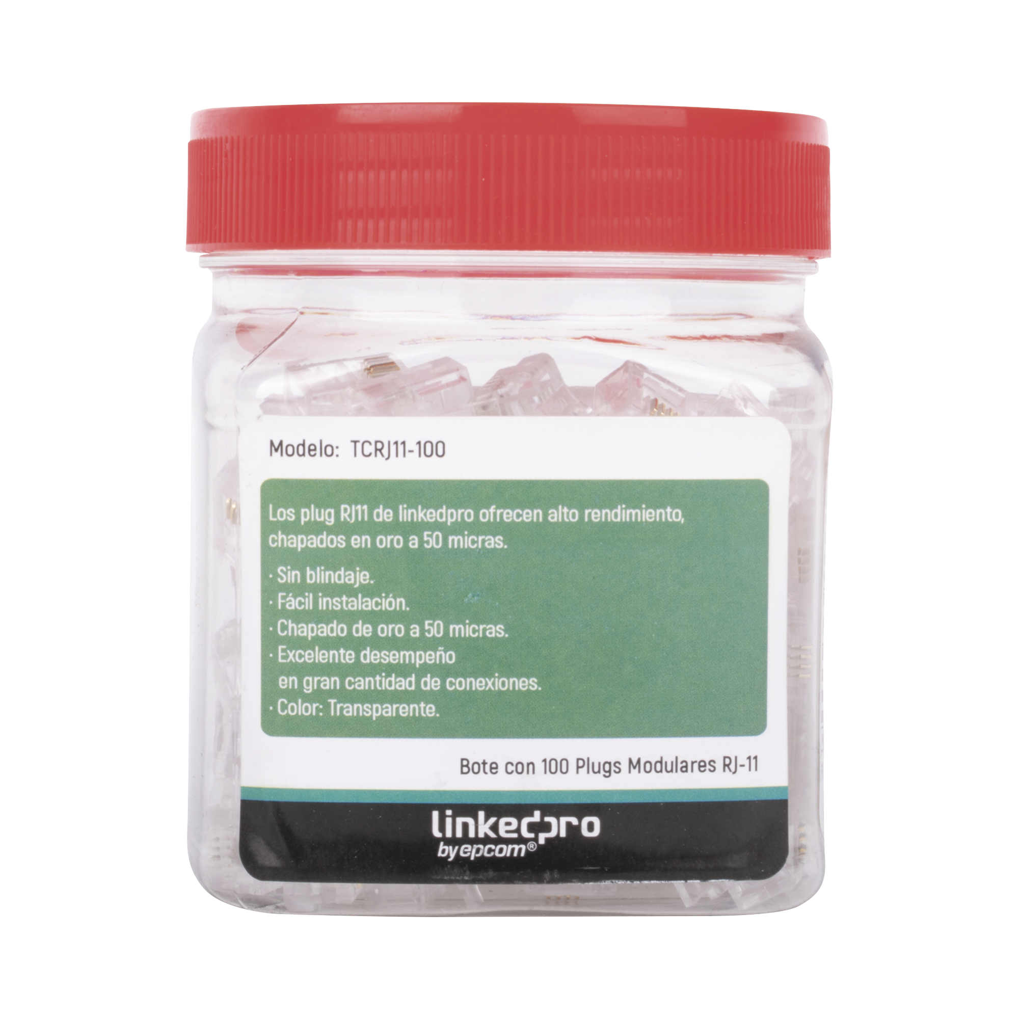 Plug Modular RJ11 LINKEDPRO TCRJ11-100 · Bote 100 Piezas · 4 Contactos · Chapado en Oro 50 Micras - SILYMX