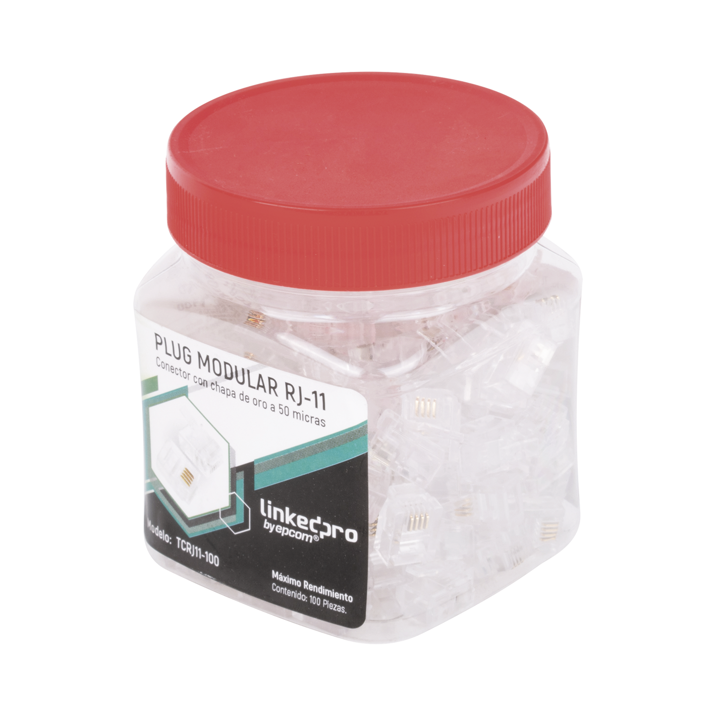 Plug Modular RJ11 LINKEDPRO TCRJ11-100 · Bote 100 Piezas · 4 Contactos · Chapado en Oro 50 Micras - SILYMX