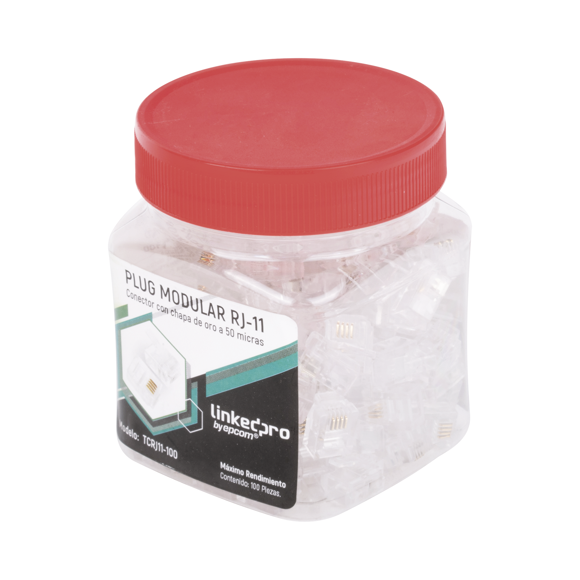 Plug Modular RJ11 LINKEDPRO TCRJ11-100 · Bote 100 Piezas · 4 Contactos · Chapado en Oro 50 Micras - SILYMX