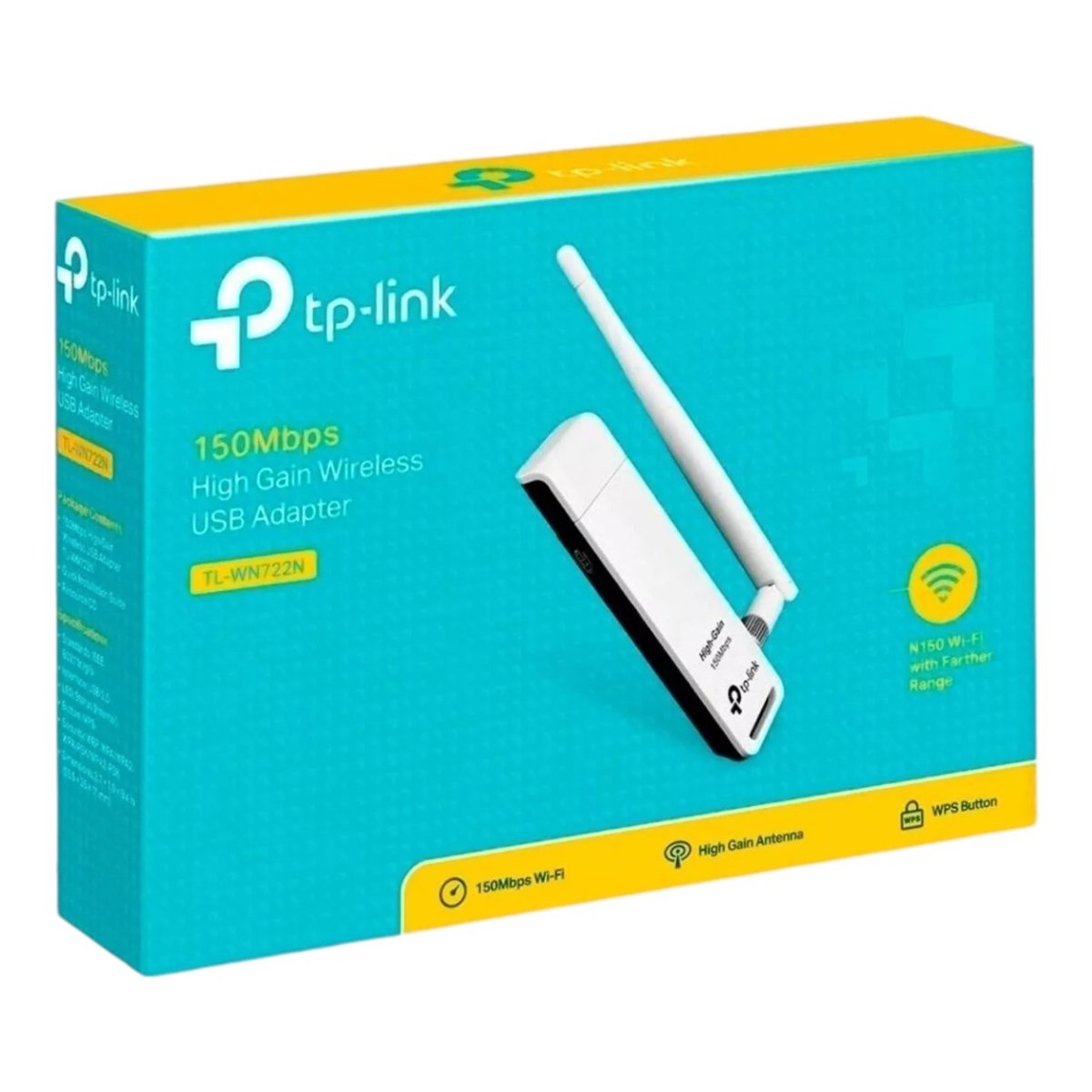 Adaptador Wi-Fi TPLink USB inalámbrico de alta ganancia N 150 Mbps 2.4 GHz con 1 antena desmontable de 4dBi TL-WN722N - SILYMX