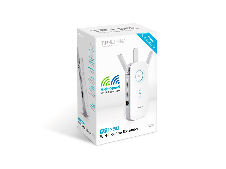 Repetidor Extensor de Cobertura TP-LINK WiFi AC 1750 Mbps doble banda 2.4 GHz y 5 GHz con 1 puerto 1000 Mbps 3 antenas RE450 - SILYMX