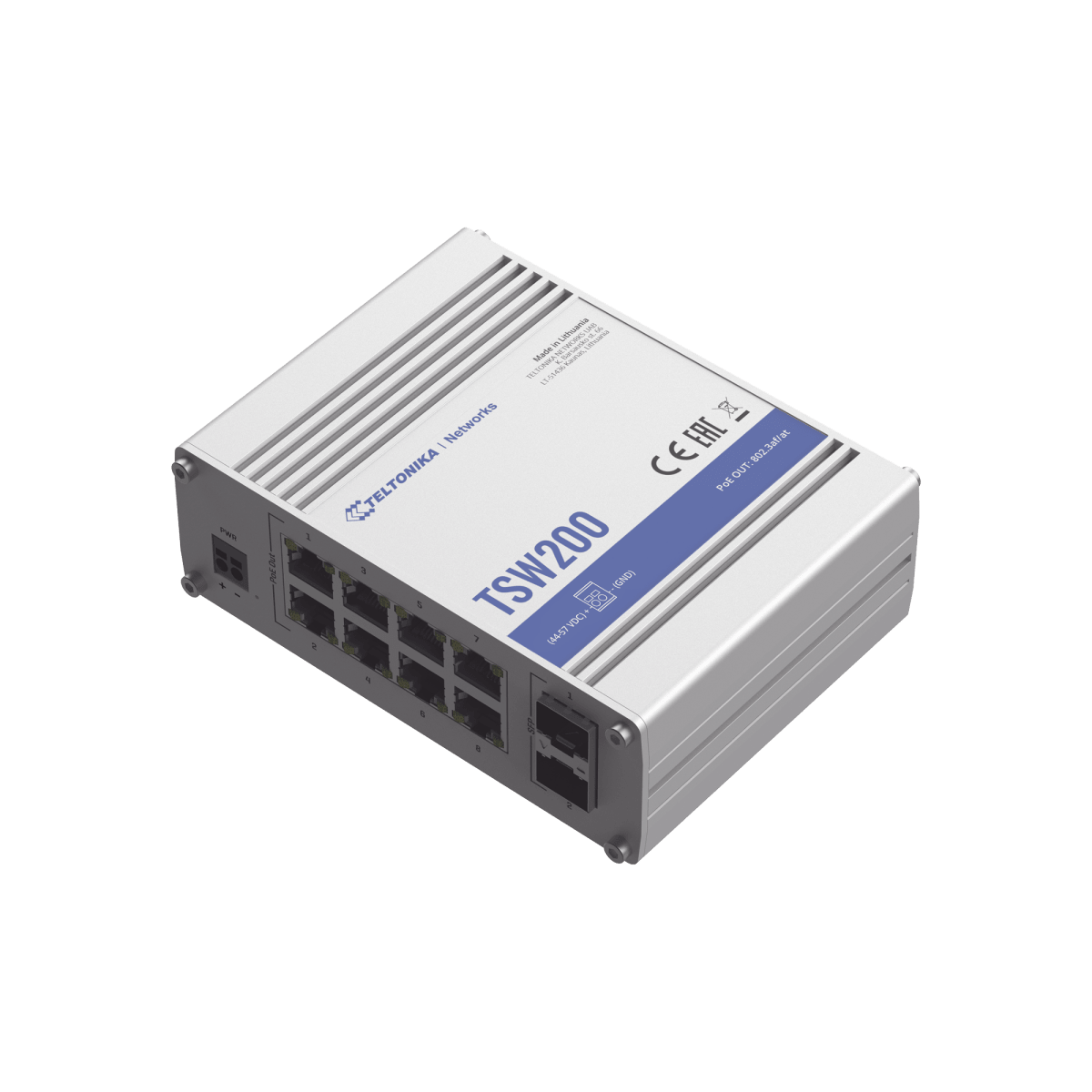 Switches PoETELTONIKATSW200Switch Industrial No Administrable 8 Puertos Gigabit PoE+ 120W 2 SFP Teltonika TSW200 - SILYMX