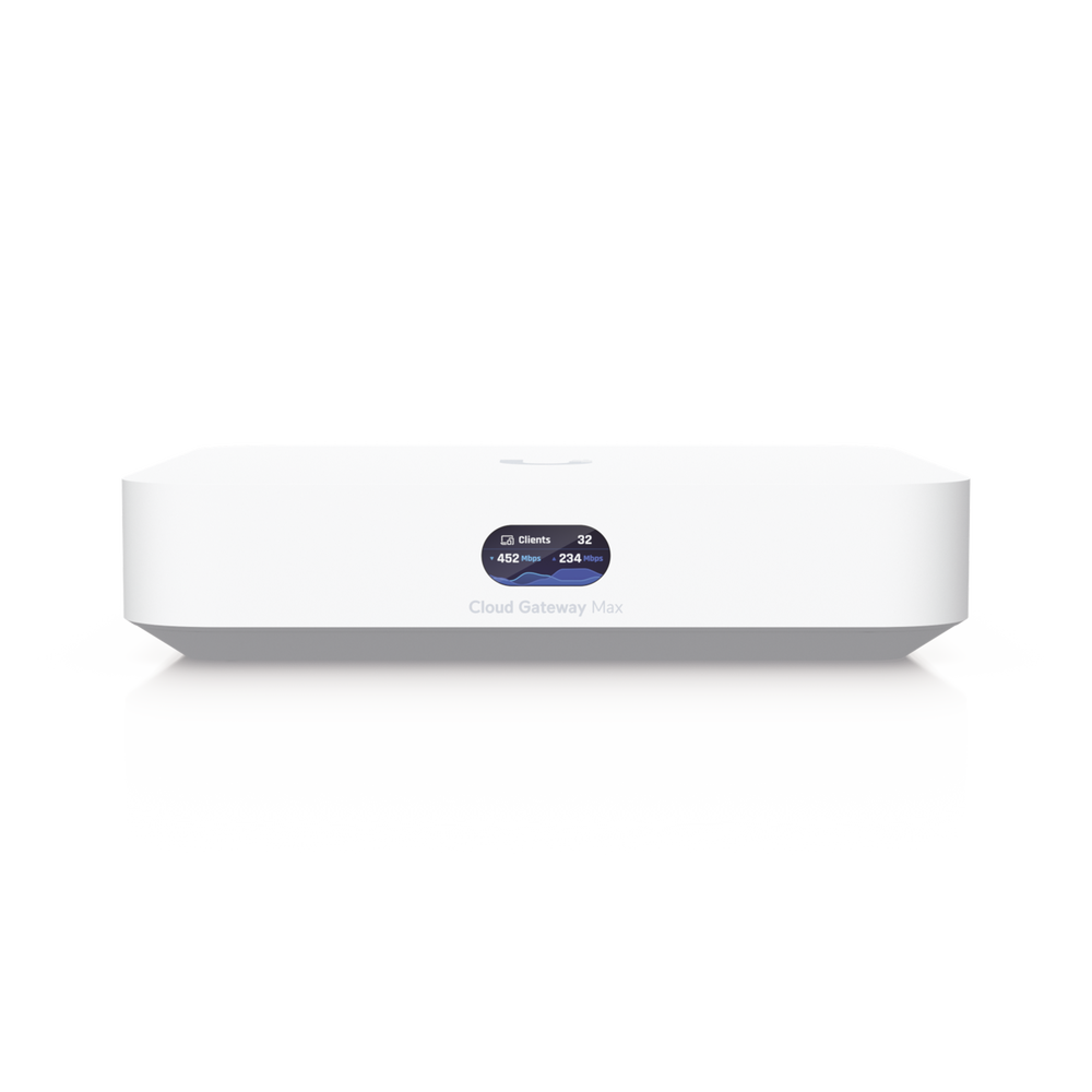 UniFi Cloud Gateway MAX Router con todos los servicios UniFi administra hasta 30 dispositivos UniFi y 300 clientes. 1 pto WAN 2.5G 4 pts LAN 1G uno configurable como WAN seguridad IDS/IP VPN bloqueo de apps/URLs 512 GB memoria interna UCG-MAX - SILYMX