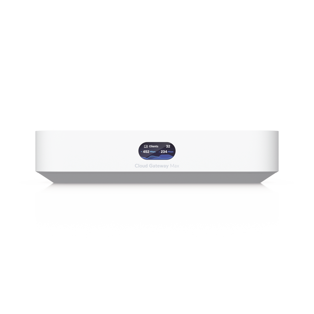 UniFi Cloud Gateway MAX Router con todos los servicios UniFi administra hasta 30 dispositivos UniFi y 300 clientes. 1 pto WAN 2.5G 4 pts LAN 1G uno configurable como WAN seguridad IDS/IP VPN bloqueo de apps/URLs 512 GB memoria interna UCG-MAX - SILYMX