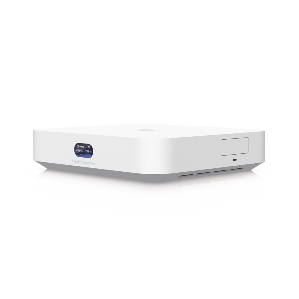 UniFi Cloud Gateway MAX Router con todos los servicios UniFi administra hasta 30 dispositivos UniFi y 300 clientes. 1 pto WAN 2.5G 4 pts LAN 1G uno configurable como WAN seguridad IDS/IP VPN bloqueo de apps/URLs 512 GB memoria interna UCG-MAX - SILYMX