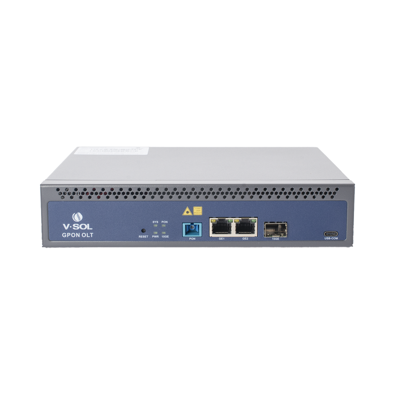 OLT de 1 puerto GPON SC/UPC + 3 puertos Uplink 2 puertos Gigabit Ethernet + 1 puerto SFP/SFP+ Fuente de alimentación redundante AC/DC hasta 128 ONUS V1600-GS