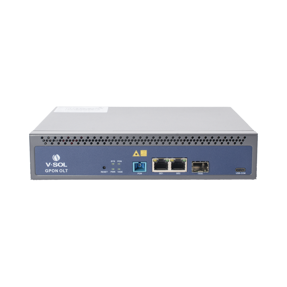 OLT de 1 puerto GPON SC/UPC + 3 puertos Uplink 2 puertos Gigabit Ethernet + 1 puerto SFP/SFP+ Fuente de alimentación redundante AC/DC hasta 128 ONUS V1600-GS