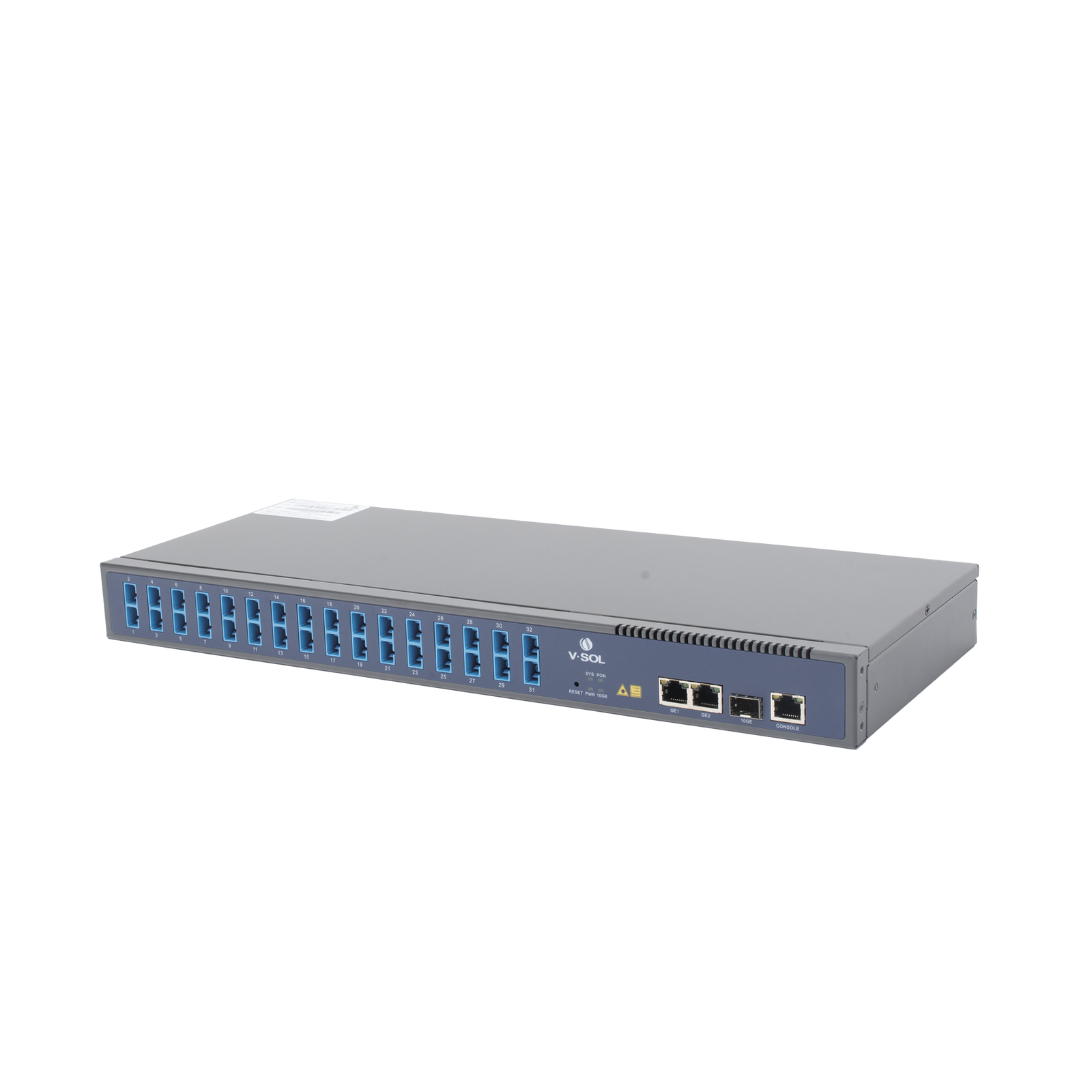 OLT de 1 GPON puerto con Splitter de 1 a 32 SC/UPC Incluido + 3 puertos Uplink (2 puertos Gigabit Ethernet + 1 puerto SFP/SFP+) hasta 128 ONUS V-SOL V1600GS-O32