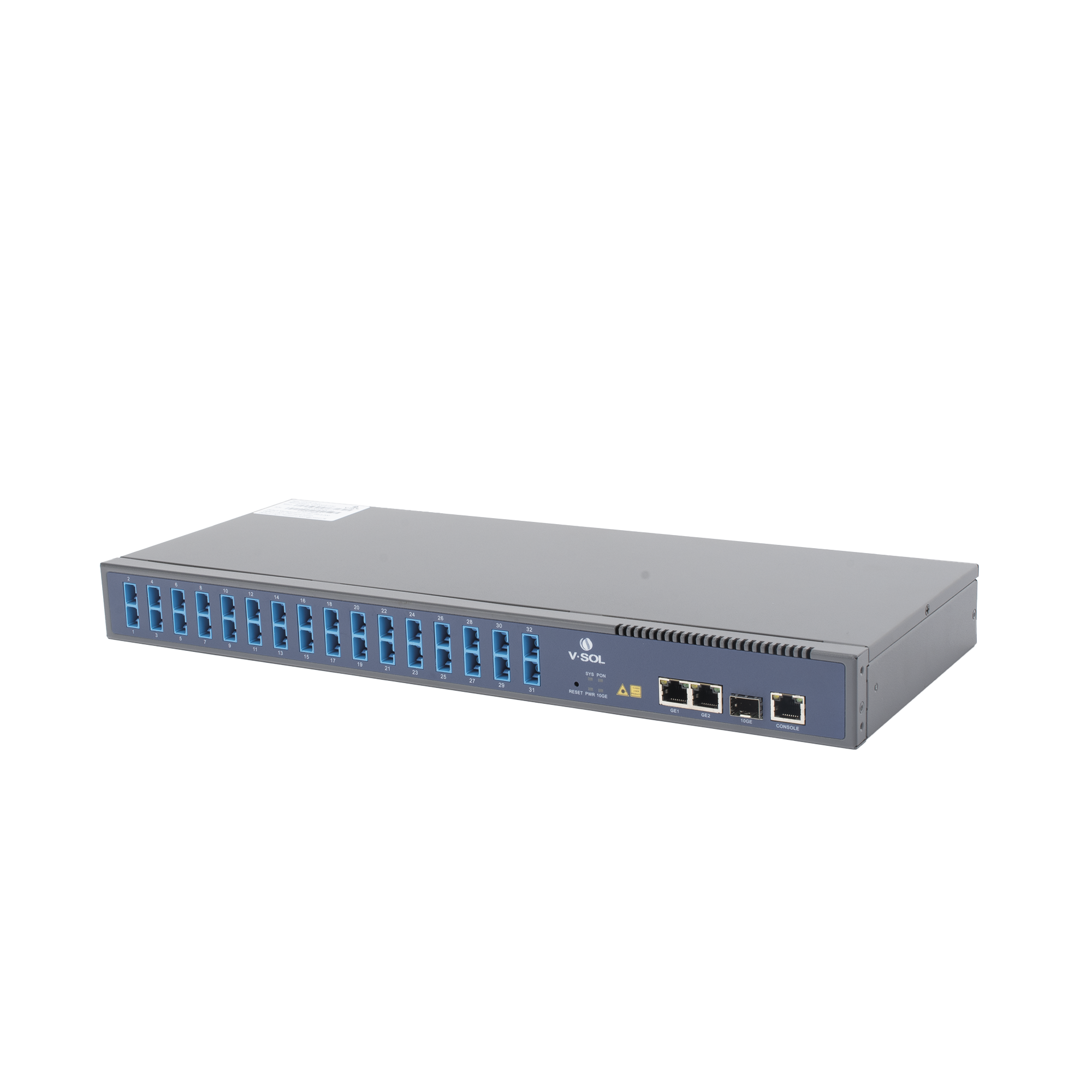 OLT de 1 GPON puerto con Splitter de 1 a 32 SC/UPC Incluido + 3 puertos Uplink (2 puertos Gigabit Ethernet + 1 puerto SFP/SFP+) hasta 128 ONUS V-SOL V1600GS-O32