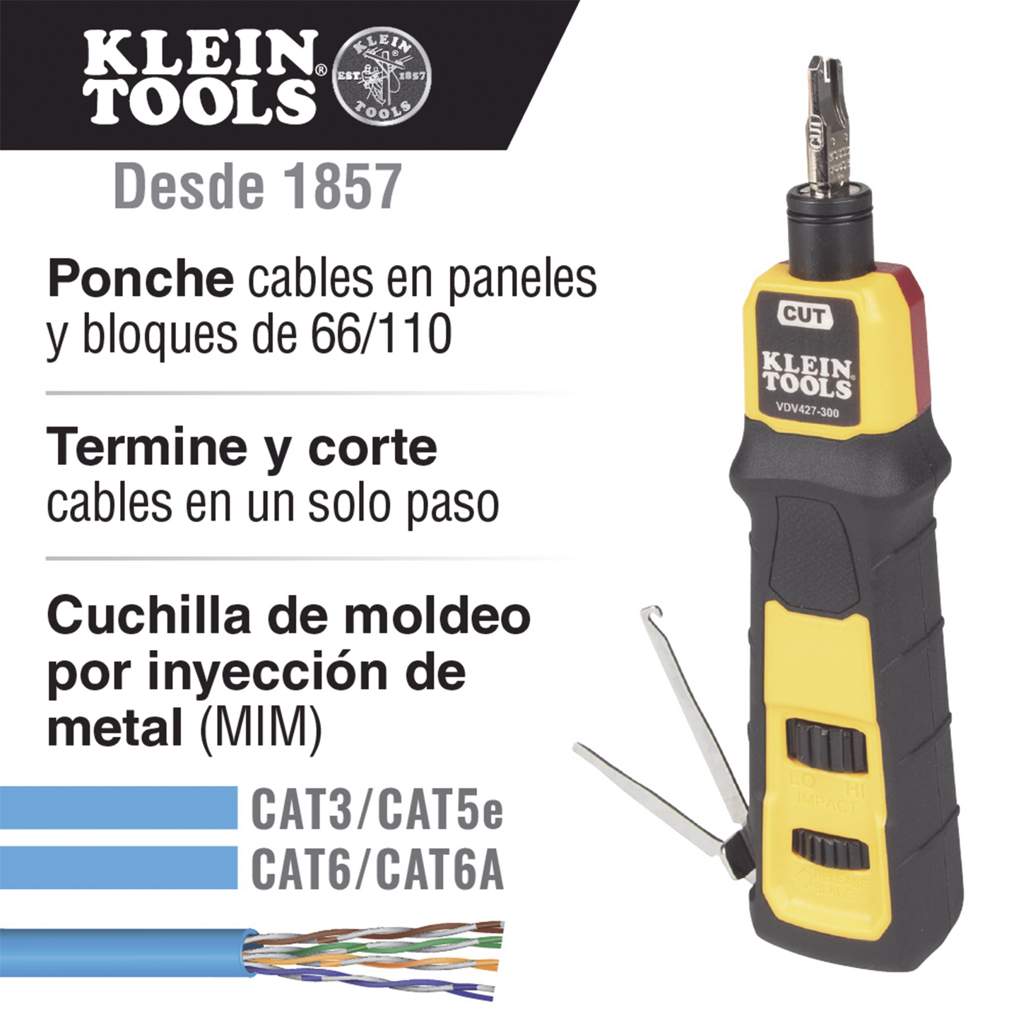 Herramienta Ponchadora de Impacto 110 con Cuchilla para Paneles y Bloques de 66/110. Termina y Corta Cables CAT3, CAT5e y CAT6/6A en 1 paso KLEIN TOOLS VDV427300 - SILYMX