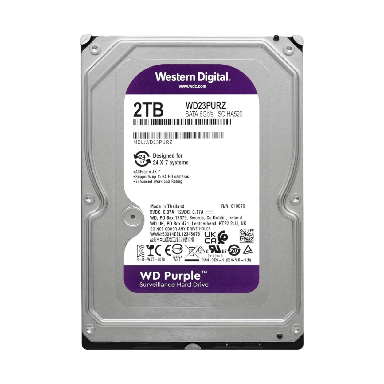 Disco Duro Wetern Digital PURPLE de 2TB 3 AÑOS DE GARANTÍA Para Videovigilancia 5400 RPM WD23PURZ