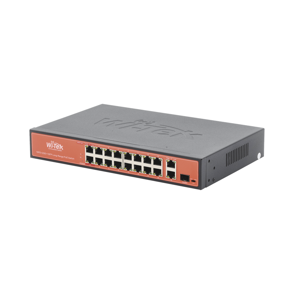 Switch PoE (802.3af/at/bt) no administrable de largo alcance, hasta 250m, 16 x 10/100Mbps (PoE) + 2 x 100/1000Mbps + 1 x SFP, 200 W - SILYMX