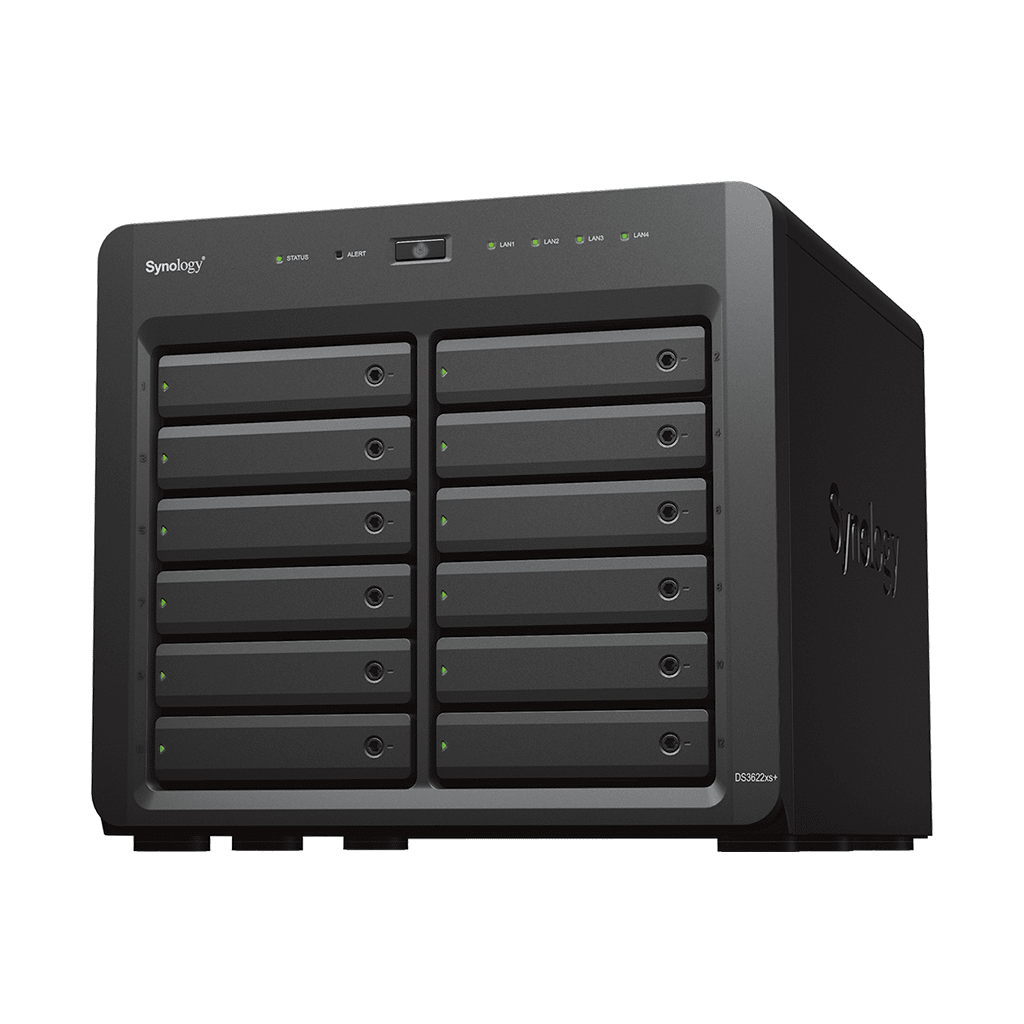 Servidor NAS Synology DiskStation DS3622xs+ 12 Bahías Intel Xeon 6 Núcleos 16 GB DDR4 ECC 10GbE RJ-45 Expansión Hasta 36 Bahías RAID F1 Caché NVMe SSD - SILYMX