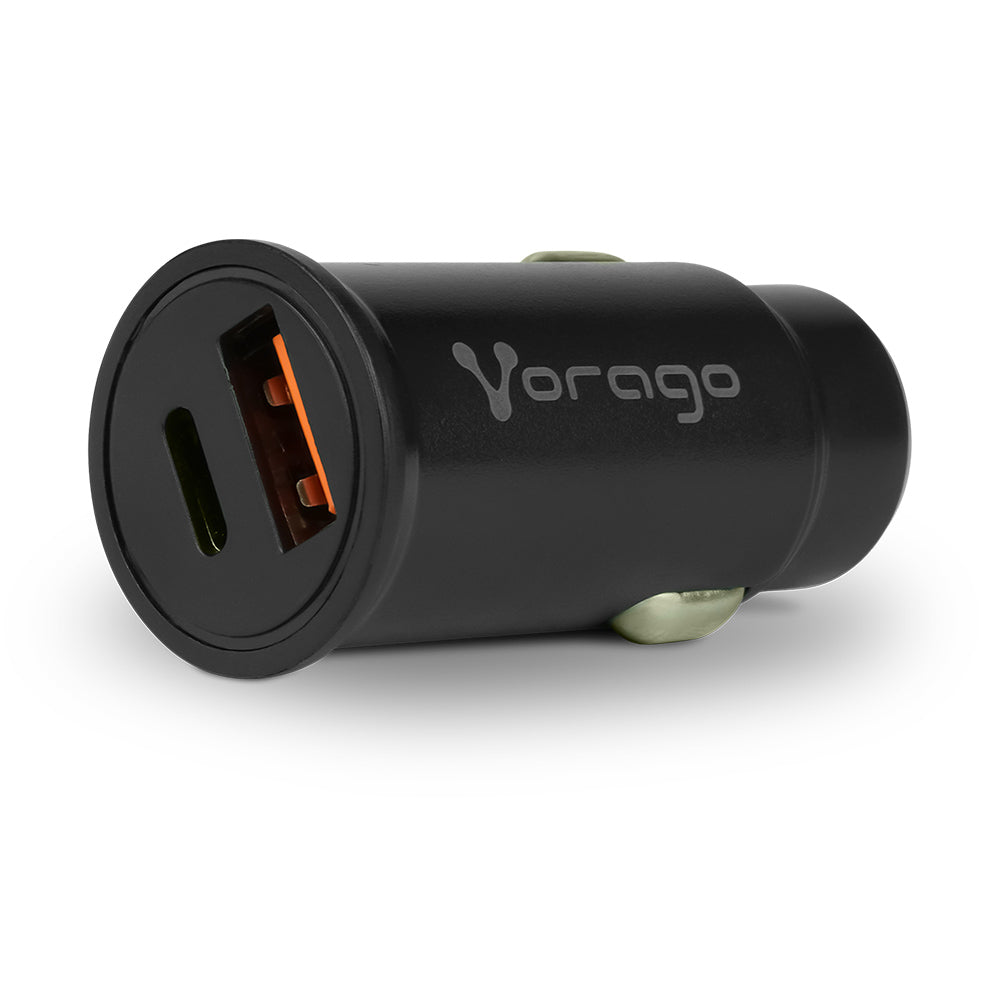 Vorago AU-305-BK – Cargador de Auto 20W, Doble Puerto USB-C/USB-A, Negro