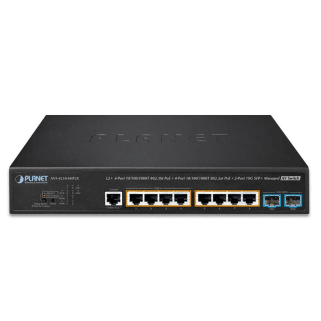 Switches PoEPLANETAVS-4210-8HP2XSwitch Administrable 8 Puertos Gigabit PoE++ 240W 2 SFP+ 10G Dante NDI Fanless PLANET AVS - 4210 - 8HP2X - SILYMX
