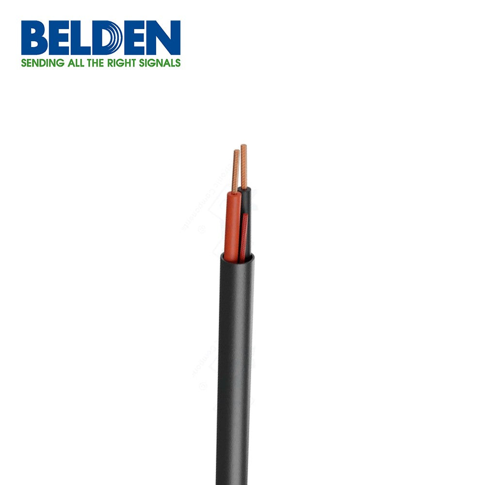 Belden 5300UE black audio cable with 2x18 AWG copper conductors, one red and one black, for indoor riser applications.