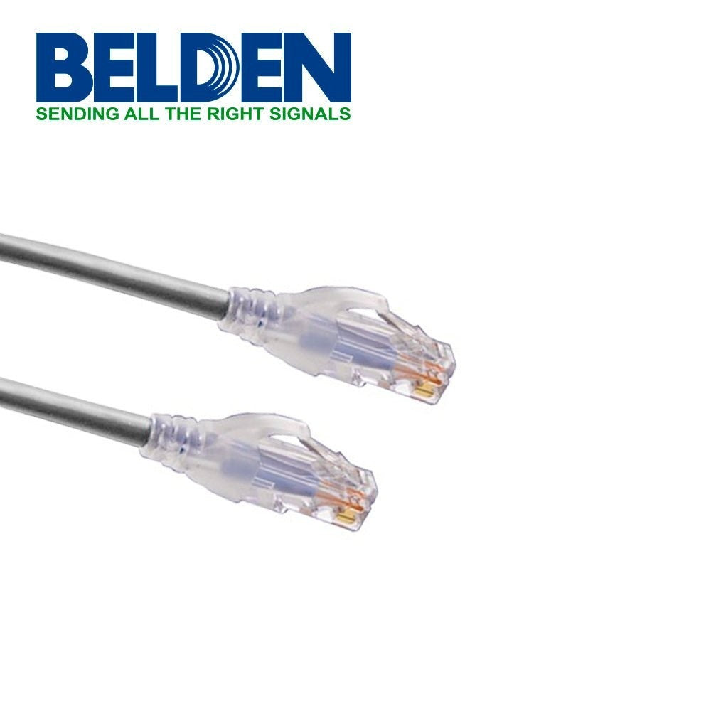 Belden gray Cat6 UTP patch cord with RJ-45 connectors, 2.1m (7ft) length, 24AWG solid copper, CMR rated.