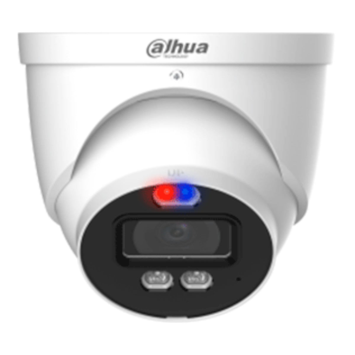 Cámara Domo TiOC de 2 Megapixeles Disuasion Activa Luz Roja y Azul Lente de 3.6 mm Super Adapt Microfono y Altavoz Integrados 40 Metros de Iluminación IR y Cálida Metalica IP67 DH-HAC-ME1239HN-A-PV - SILYMX