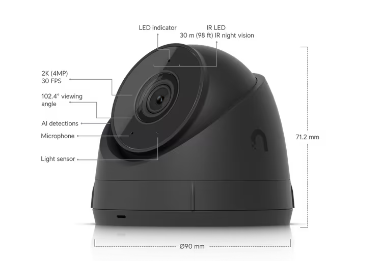 Cámara UniFi Protect G5 Turret Ultra Color Negro compacta para exterior 2K (4 MPX) ángulo 102.4° visión nocturna hasta 30mts detección de eventos micrófono POE+ UVC-G5-TURRET-ULTRA-B - SILYMX