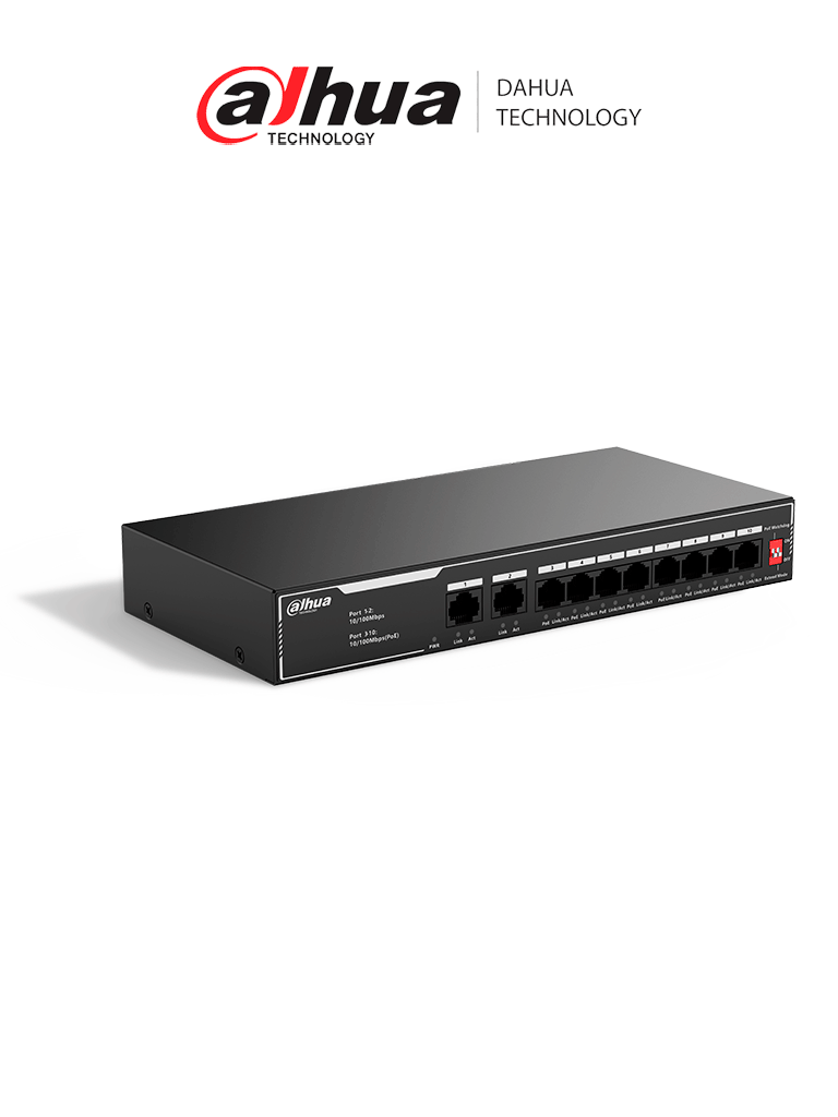 DAHUA SF1010LP - Switch PoE de 10 Puertos Fast Ethernet/ 8 Puertos PoE 10/100 / 65 Watts Totales / 2 Puertos Uplink RJ-45/ PoE watchdog/ Hasta 250 metros/ Switching 12 Gbps/ Protección Contra Descargas - Imagen 1