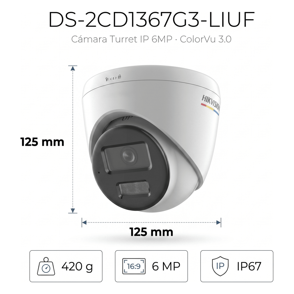 Cámara Turret IP / 6 Megapixel / Dual Light 30 m (98.4 ft) / ColorVu / AcuSense Lite / WDR 120 dB / IP67 / PoE HIKVISION - Imagen 2