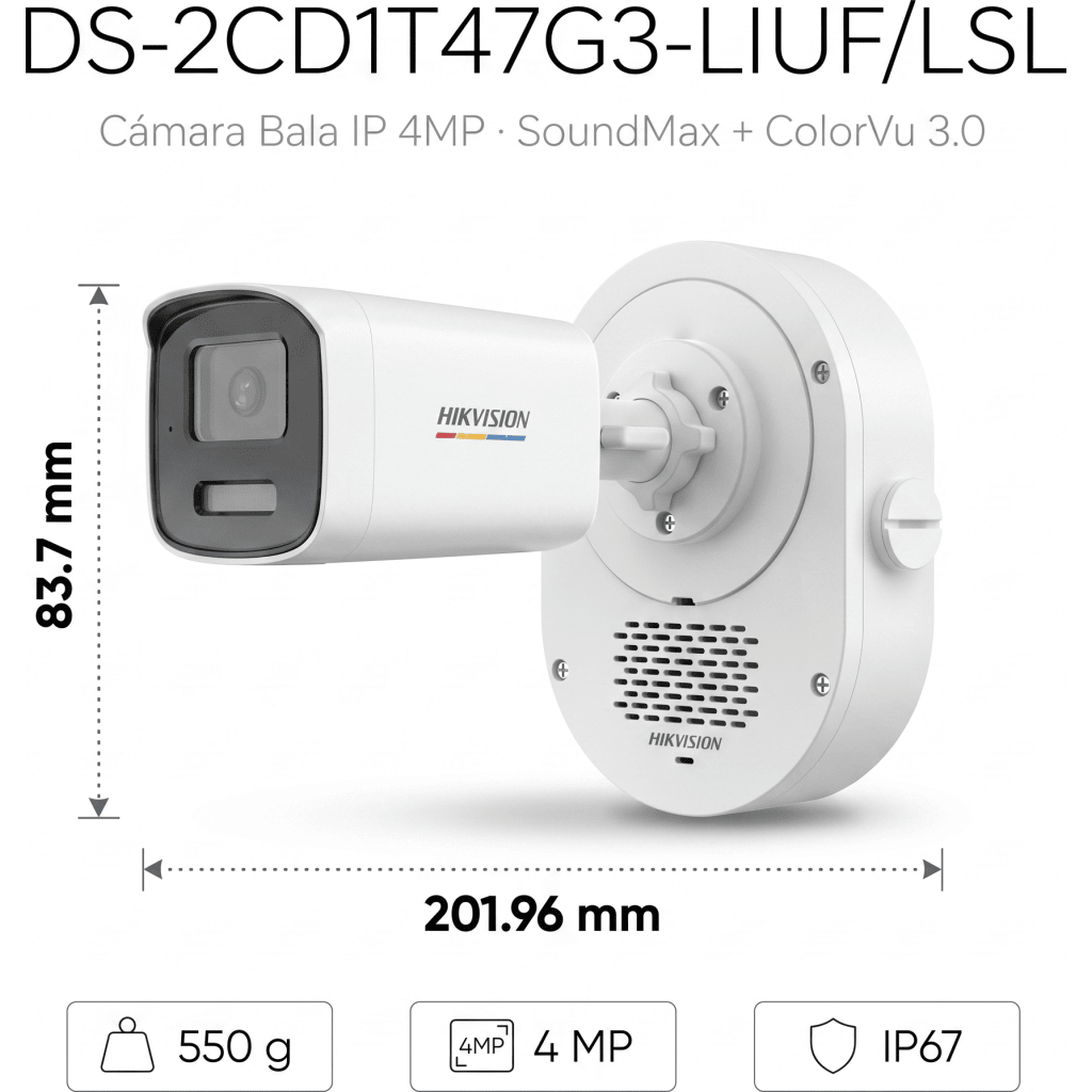 [SoundMax + ColorVu 3.0 + MD 3.0] Bala IP 4 Megapixel / Lente 4 mm / 50 mts IR + 50 mts Luz Blanca / Micrófono Integrado / ACUSENSE Lite / Exterior IP67 / WDR 120 dB / PoE / Micro SD HIKVISION - Imagen 3