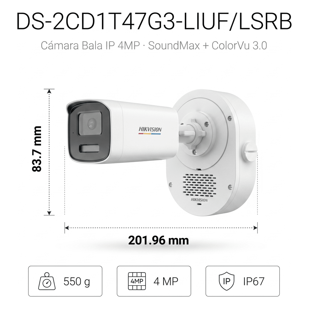 [SoundMax + ColorVu 3.0 + MD 3.0] Bala IP 4 Megapixel / Lente 4 mm / 50 mts IR + 50 mts Luz Blanca / Micrófono Integrado / ACUSENSE Lite / Exterior IP67 / WDR 120 dB / PoE / Micro SD HIKVISION - Imagen 3