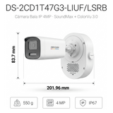 [SoundMax + ColorVu 3.0 + MD 3.0] Bala IP 4 Megapixel / Lente 4 mm / 50 mts IR + 50 mts Luz Blanca / Micrófono Integrado / ACUSENSE Lite / Exterior IP67 / WDR 120 dB / PoE / Micro SD HIKVISION - Imagen 3
