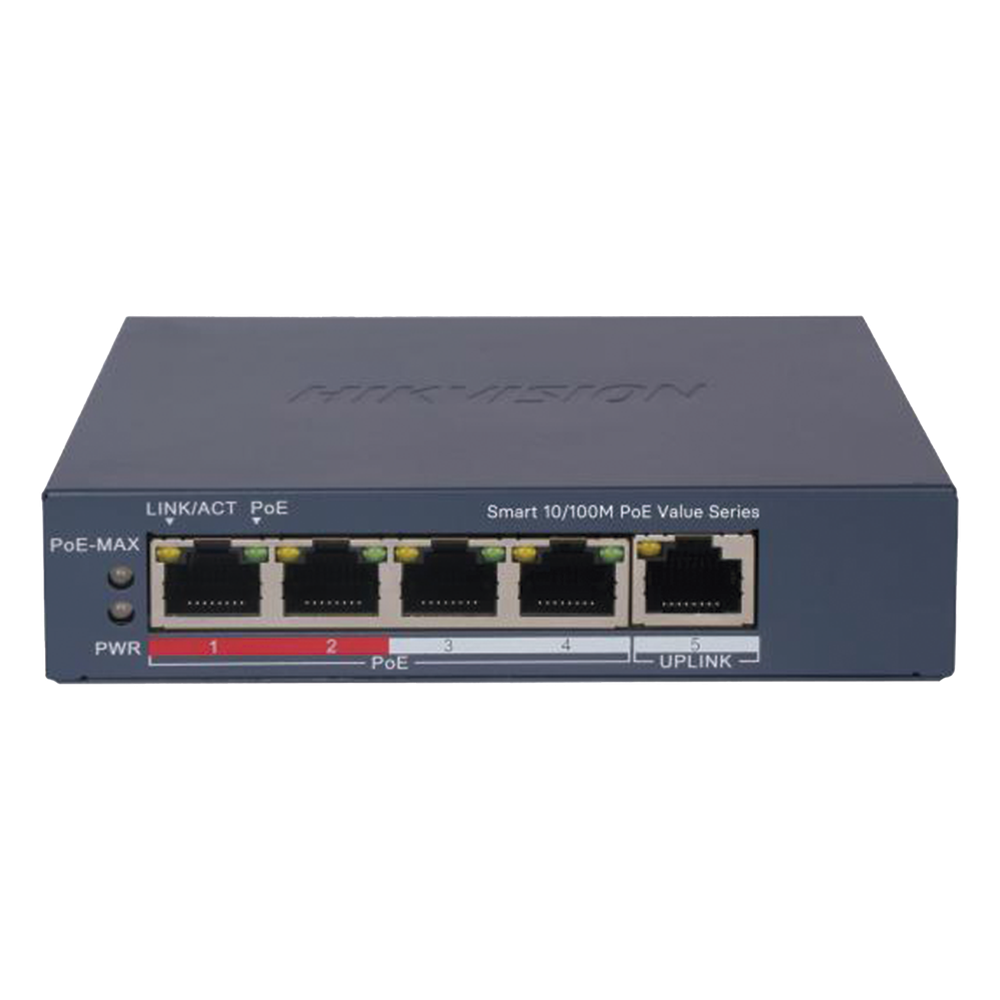 Switch PoE+ / Monitoreable / 4 Puertos 10/100 Mbps PoE+ / 1 Puerto 10/100 Mbps Uplink / Configuración Nube Hik-PartnerPro / Modo Extendido hasta 300 Metros / 45 W HIKVISION - Imagen 1