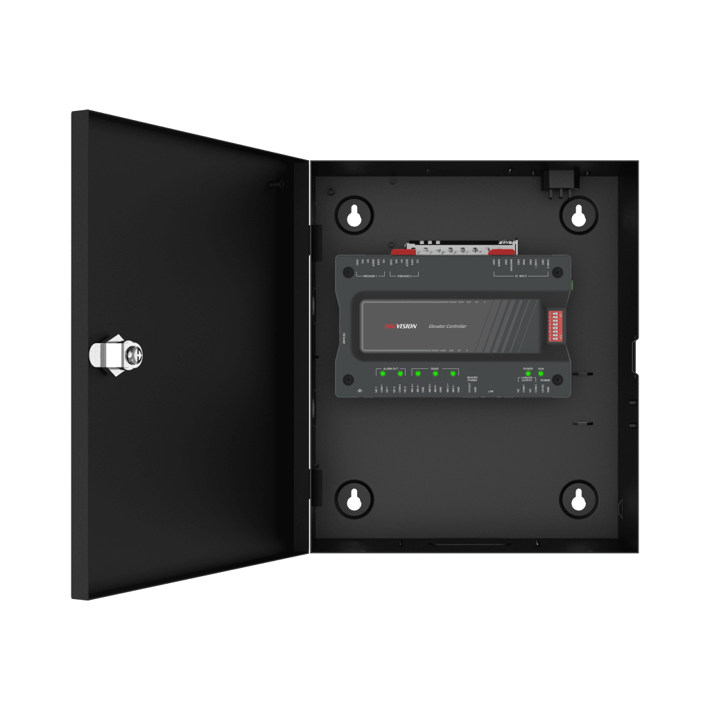 Controlador de Acceso para Elevador / 128 Pisos / TCP-IP / Huella y Tarjeta / Expansión 24 Esclavos / Gabinete y Fuente Incluidos HIKVISION - Imagen 1