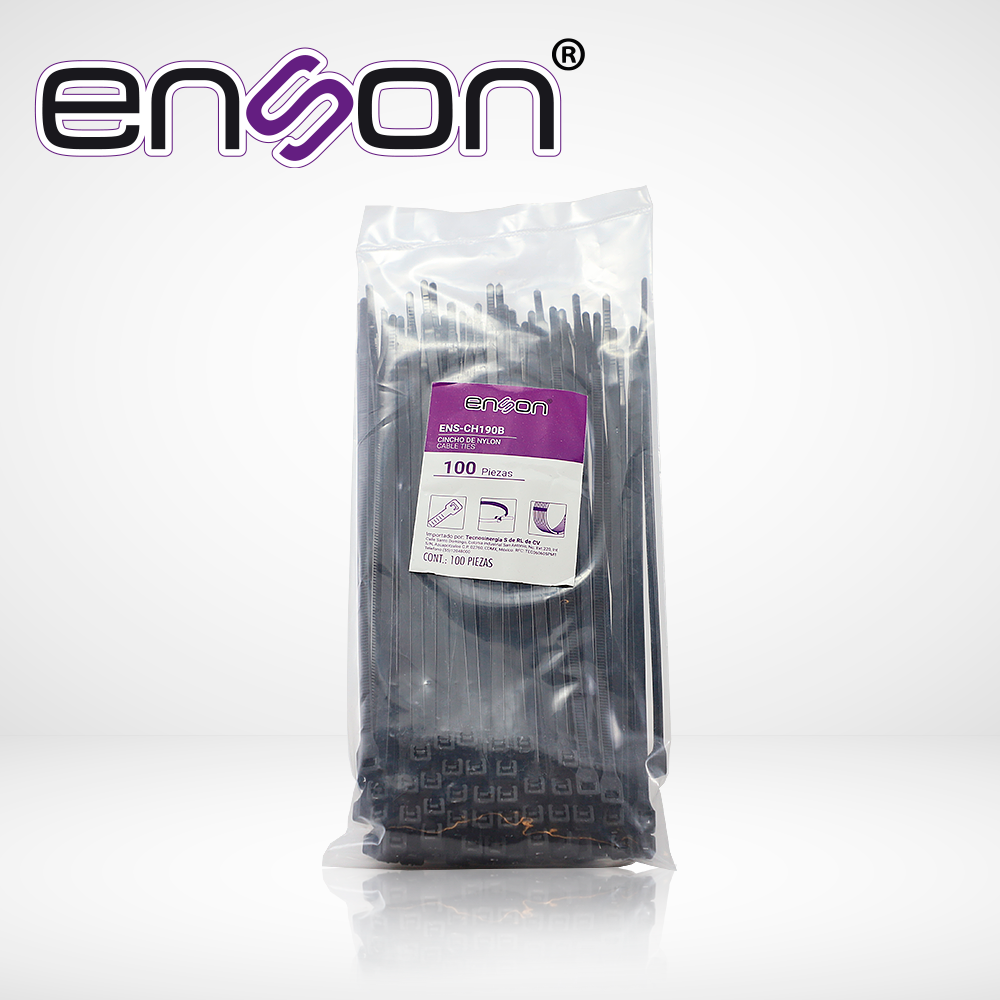 CINCHO DE NYLON ENSON ENS-CH190B COLOR NEGRO DE 4.8 X 190MM DE LONGITUD FUERZA DE TENSION DE HASTA 22 KGS - Imagen 1