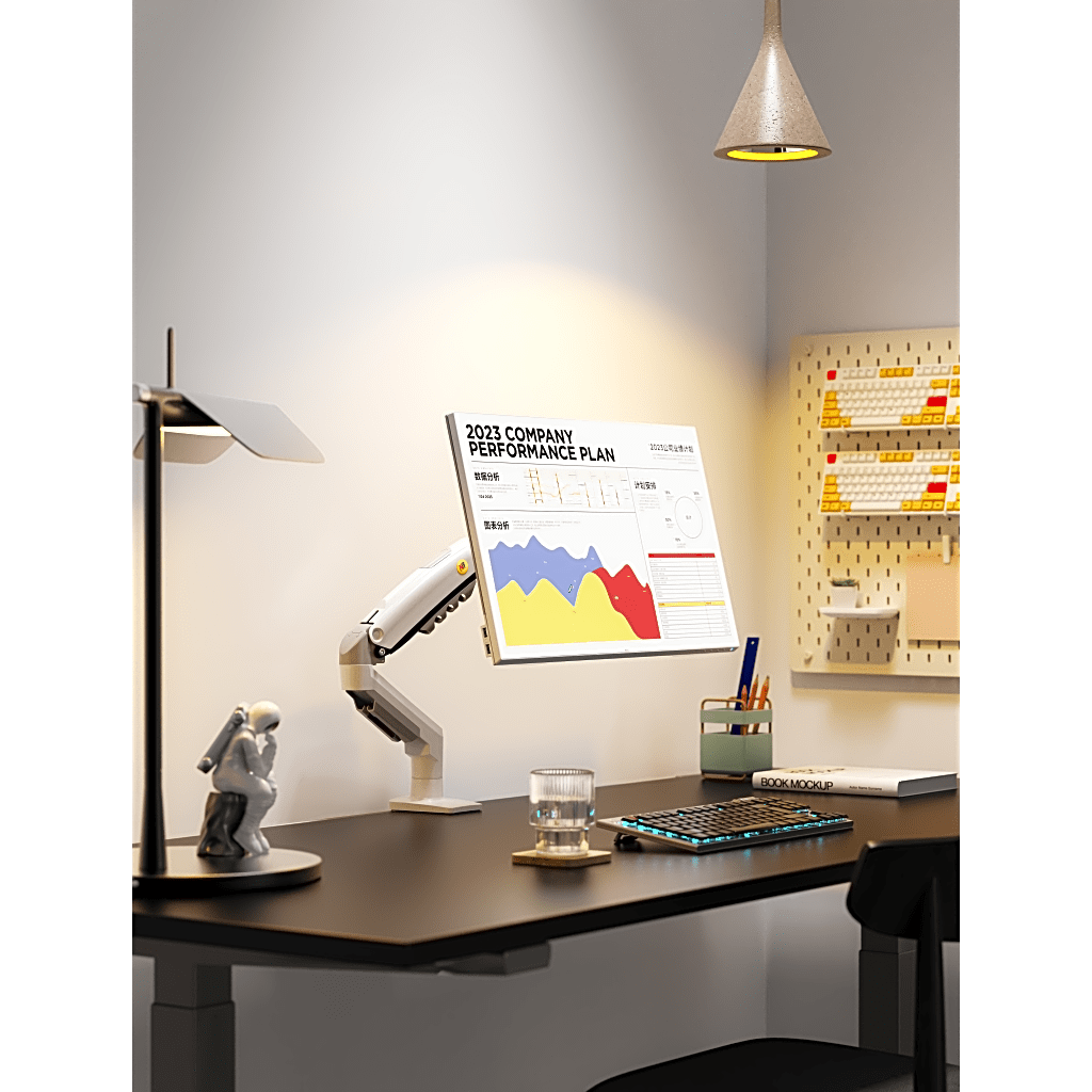 Brazo Ajustable para Monitor / 17" a 30" / Capacidad 9 kg / Rotación 360° / Inclinación +85° a -30° / Giro 180° / Resorte de Gas / Blanco NB-EPCOM - Imagen 1