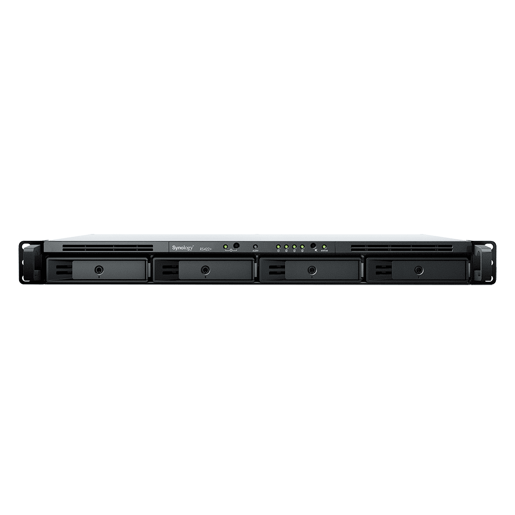 NAS RackStation RS422+ 4 Bahías 1U AMD Ryzen R1600 2 GB DDR4 ECC 570 MB/s Lectura 530 MB/s Escritura Puertos Dual 1GbE Actualización 10GbE Compatibilidad RAID Synology DSM