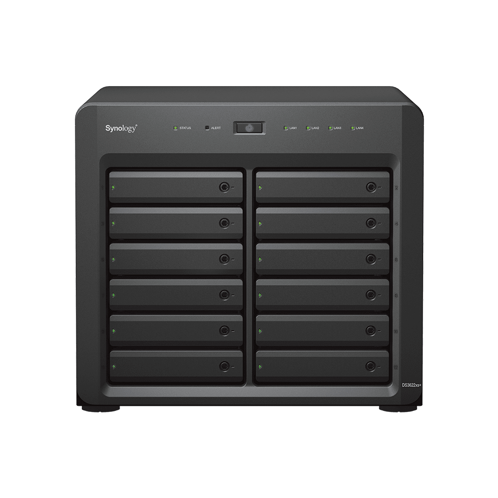 Servidor NAS Synology DiskStation DS3622xs+ 12 Bahías Intel Xeon 6 Núcleos 16 GB DDR4 ECC 10GbE RJ-45 Expansión Hasta 36 Bahías RAID F1 Caché NVMe SSD - SILYMX