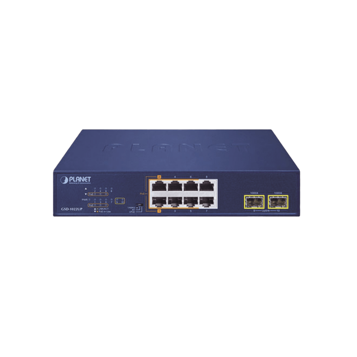Switches PoEPLANETGSD-1022UPSwitch PoE+ No Administrable 8 Puertos Gigabit 240W 2 SFP PLANET GSD - 1022UP - SILYMX