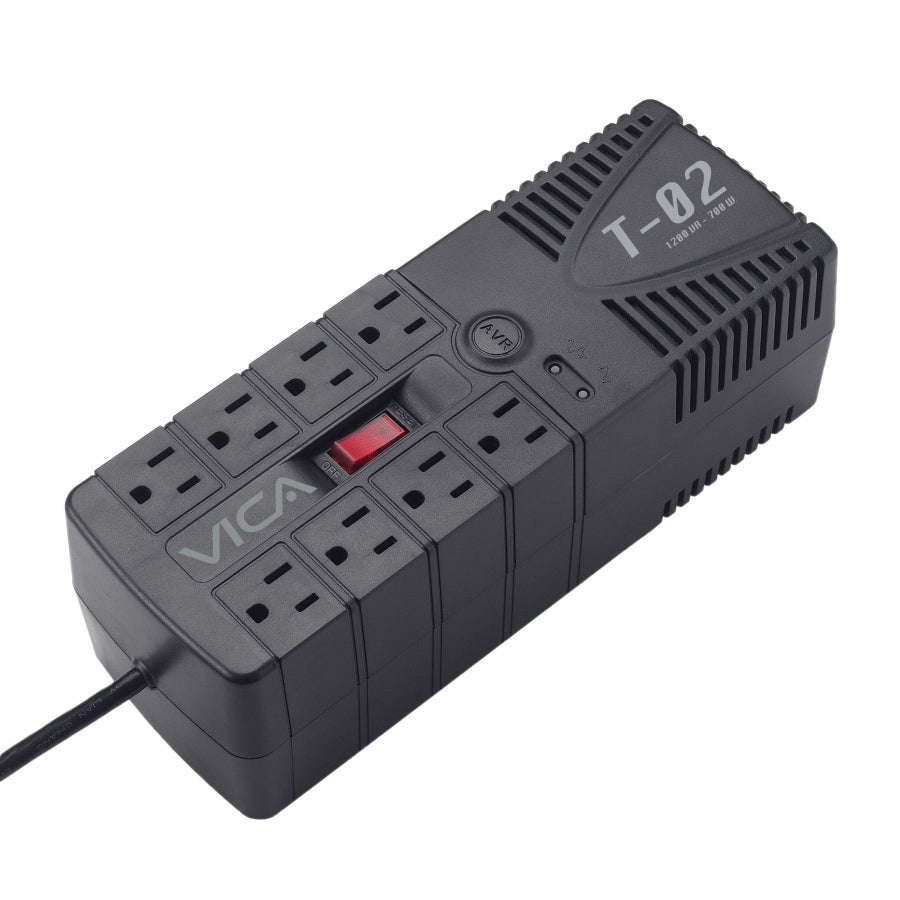REGULADOR ELECTRONICO DE VOLTAJE VICA T-02 1200VA / 700W, 8 TOMAS NEMA 5-15R REGULADAS Y CON SUPRESOR DE PICOS, PUERTO RJ11, 5 AÑOS DE GARANTIA