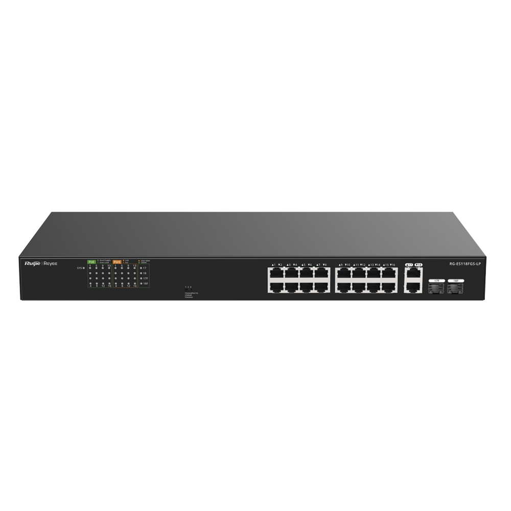 Switch PoE+ RUIJIE 120 Watts No Administrable Ideal para CCTV 16 Puertos 10/100 2 Uplinks Gigabit y 2 SFP Carcasa Metálica RG-ES118FGS-LP - SILYMX