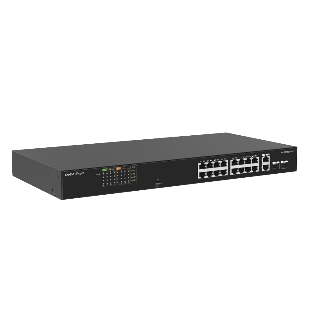 Switch PoE+ RUIJIE 120 Watts No Administrable Ideal para CCTV 16 Puertos 10/100 2 Uplinks Gigabit y 2 SFP Carcasa Metálica RG-ES118FGS-LP - SILYMX